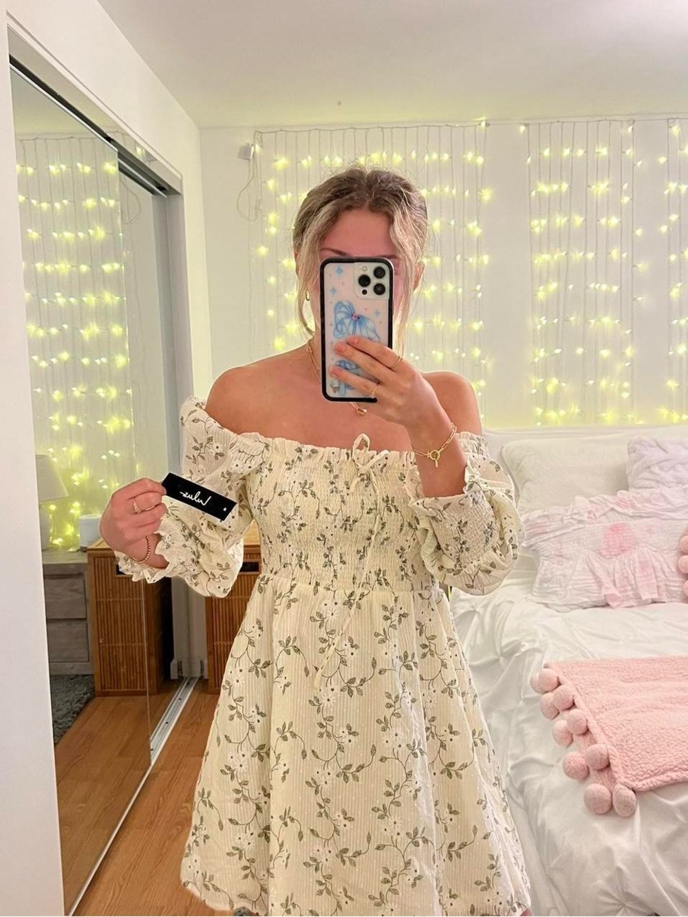 Off-Shoulder Cream Floral Smocked Mini Dress